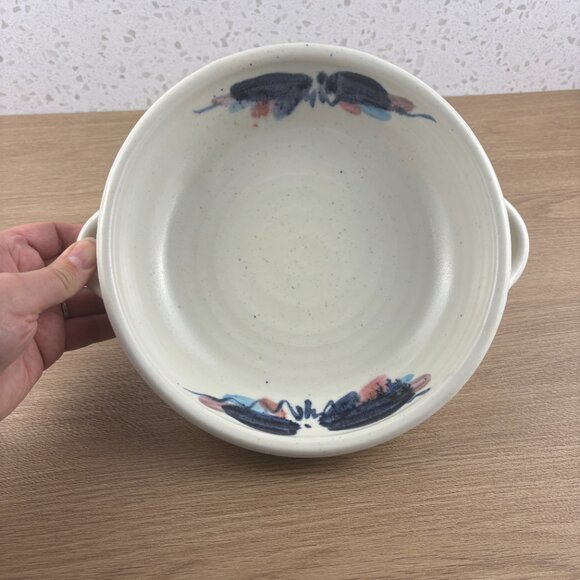Vintage 1993 Studio Pottery Serving Bowl with Handles in White & Abstract Blue - Picture 1 of 10